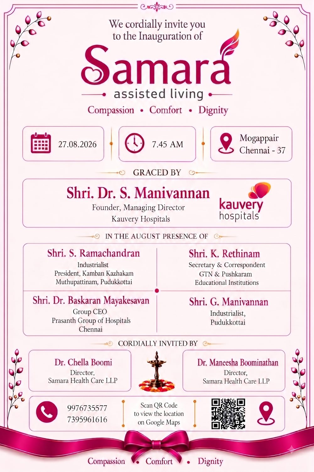 Invitation to the inauguration of Samara Assisted Living, Mogappair, Chennai, on 27 August 2026